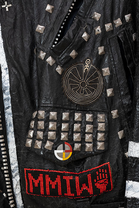 Ishi Glinsky Coral v. King Snake Jacket, 2019. Canvas, industrial adhesives, wax, wood beads, aluminum, steel, nylon, enamel paint, black pigment. 